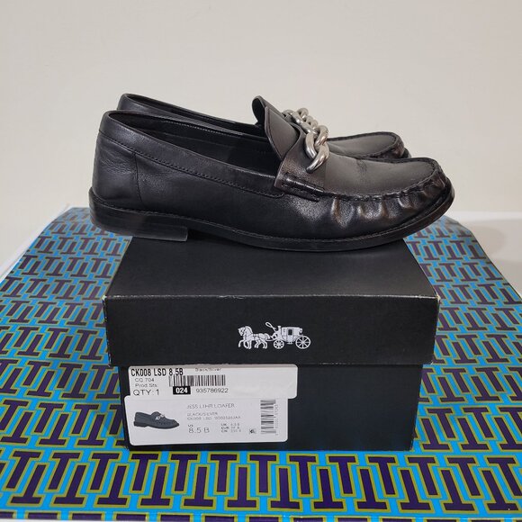 COACH Jess Black Leather Silver Chain Loafers Size 8.5 - Picture 5 of 12